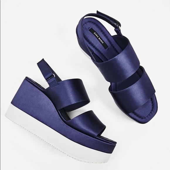 Zara Basic Navy Blue and White Satin Strappy Platform Wedge Sandals Size 7.5